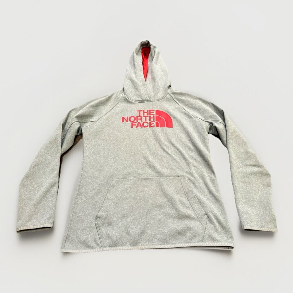The North Face Womens Gray Red Logo Pullover Jooded Sweatshirt Size M MEDIUM